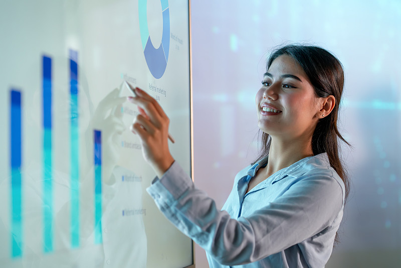 演示是很有价值的沟通方式，可以用顺序短语和结论来强化你的信息。女商人在图形屏幕上展示战略演示。图片下载