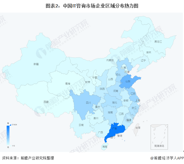 图表2：中国IT咨询市场企业区域分布热力图