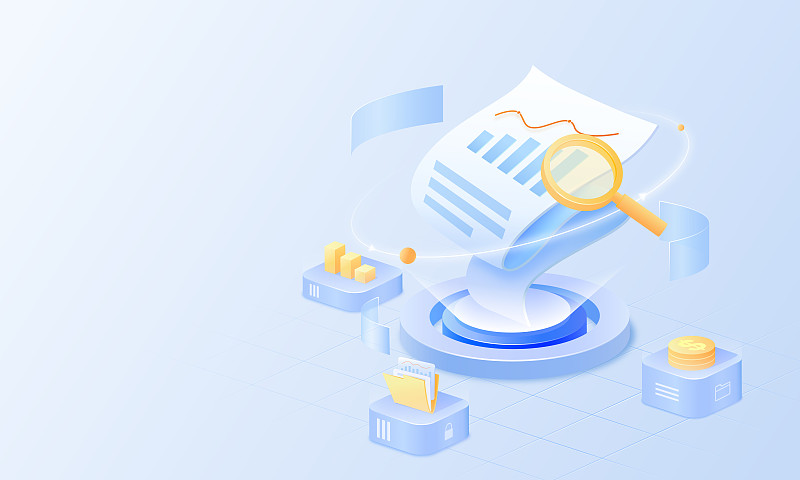 放大镜查看业绩账单数据，业务数据分析投资管理2.5D矢量插画图片下载