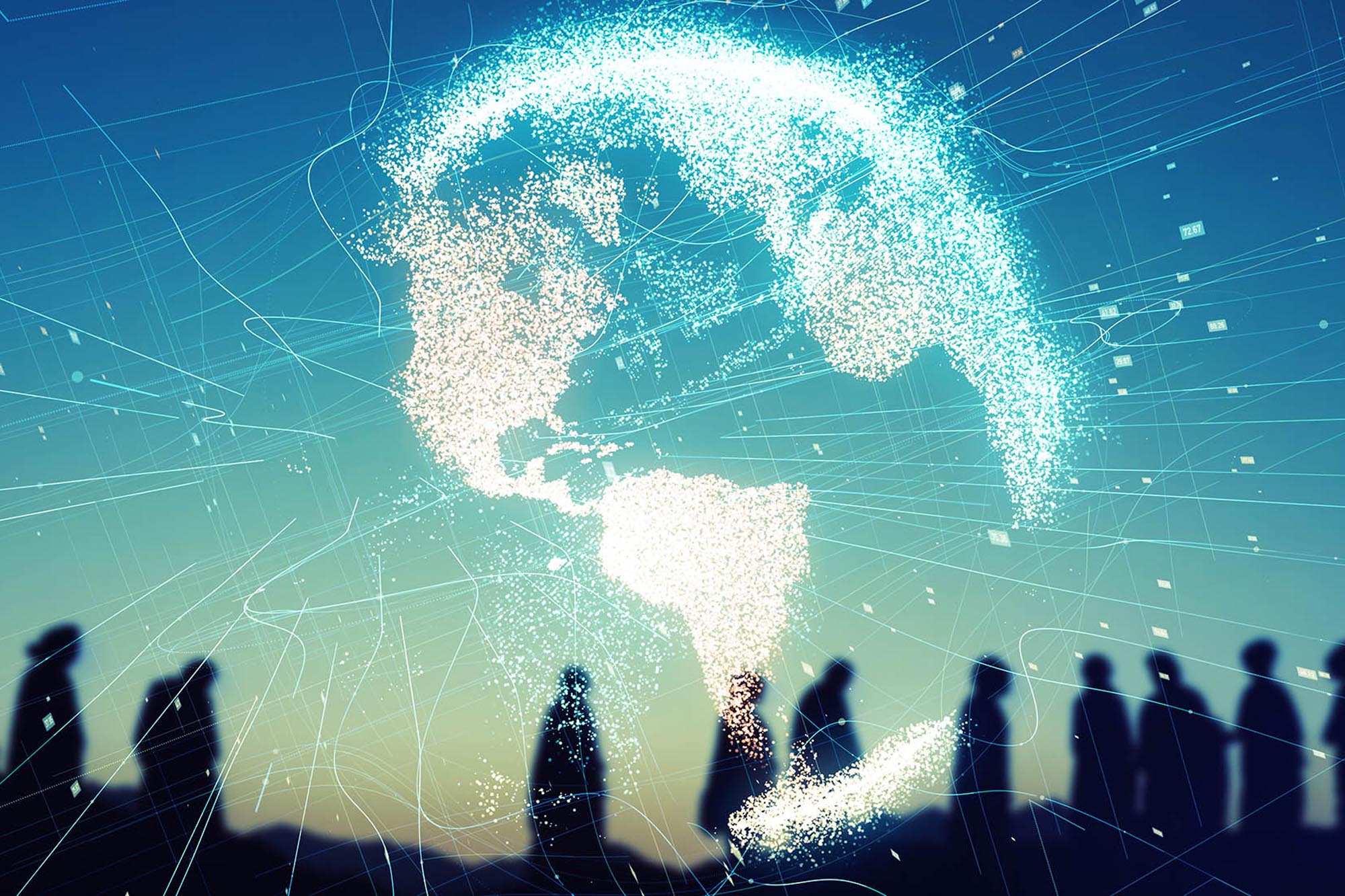 一群人站在一起，头顶上方悬浮着一幅由计算机生成的地球图像。