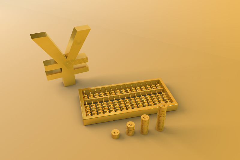 3d渲染的金属材质算盘和金币图片下载