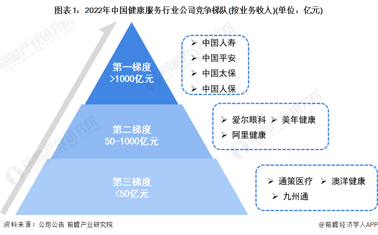 图表1：2022年中国健康服务行业公司竞争梯队(按业务收入)(单位：亿元)